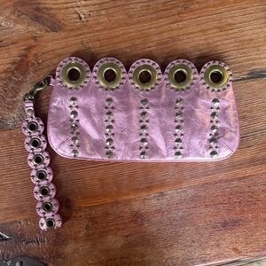 Isabella Fiore Pink Metallic Leather Clutch with Gold Studs Accents